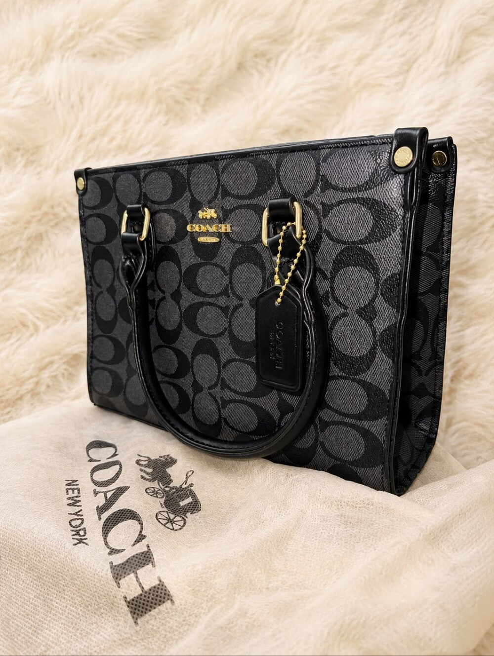 Coach Signature Canvas Tote Bag Black Charcoal Leather Trim Crossbody - Picture 2 of 4